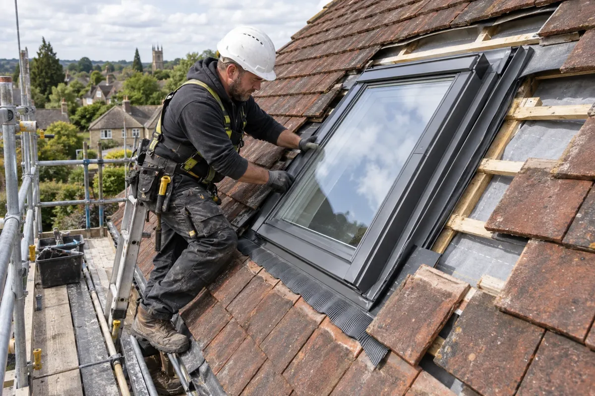 Roofer installing a roof window and its flashing in a tiled roof