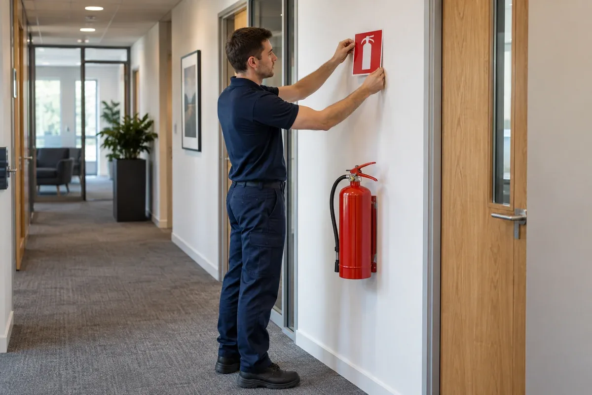 AI-generated illustration: Technician positioning a fire extinguisher pictogram sign above a wall-mounted extinguisher.