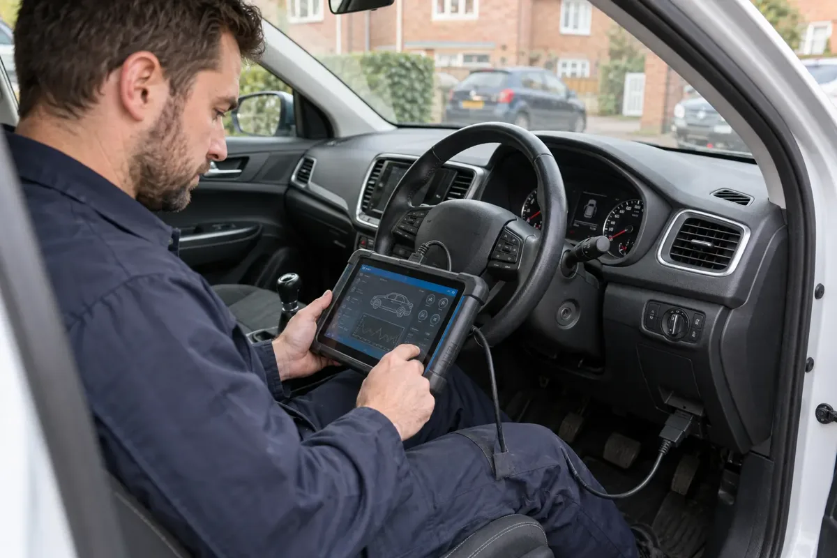 Mechanic using an OBD diagnostic tablet inside a right-hand-drive car