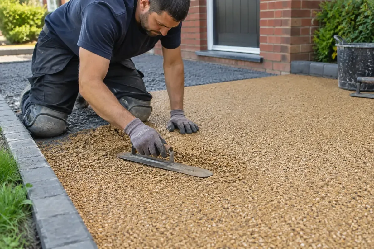 Installer wearing knee pads and gloves trowelling tan resin-bound gravel evenly across a residential driveway, clear pebble aggregate finish and steel finishing trowel, neat edging.