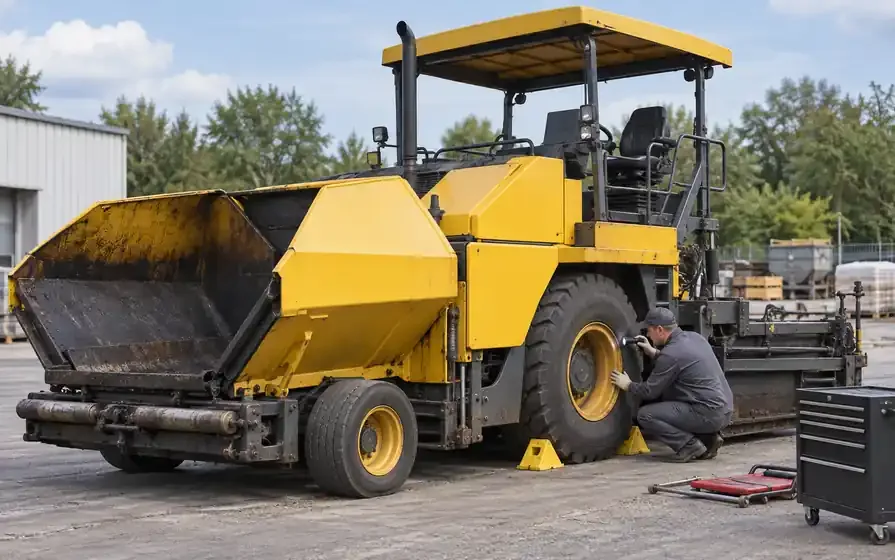 Technician inspecting the large rear tyre of a wheeled asphalt paver with hopper and rear paving screed visible.