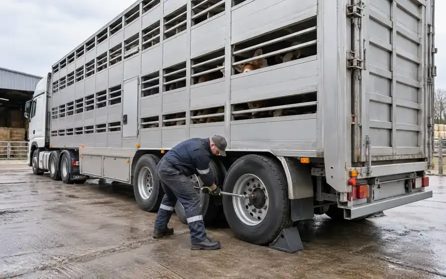 Technician servicing a tyre on a ventilated aluminium livestock trailer.