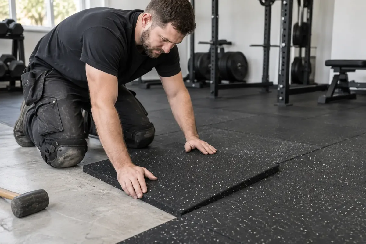 Installer fitting thick black speckled rubber floor tiles in a small gym, tile edges and thickness clearly visible, exercise rack blurred in background, worker pressing tile into place on prepared base, knee pads.