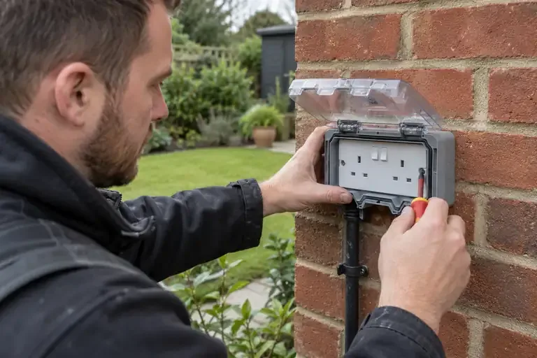 Outdoor socket installation: a professional electrician assessing or carrying out the electrical work.
