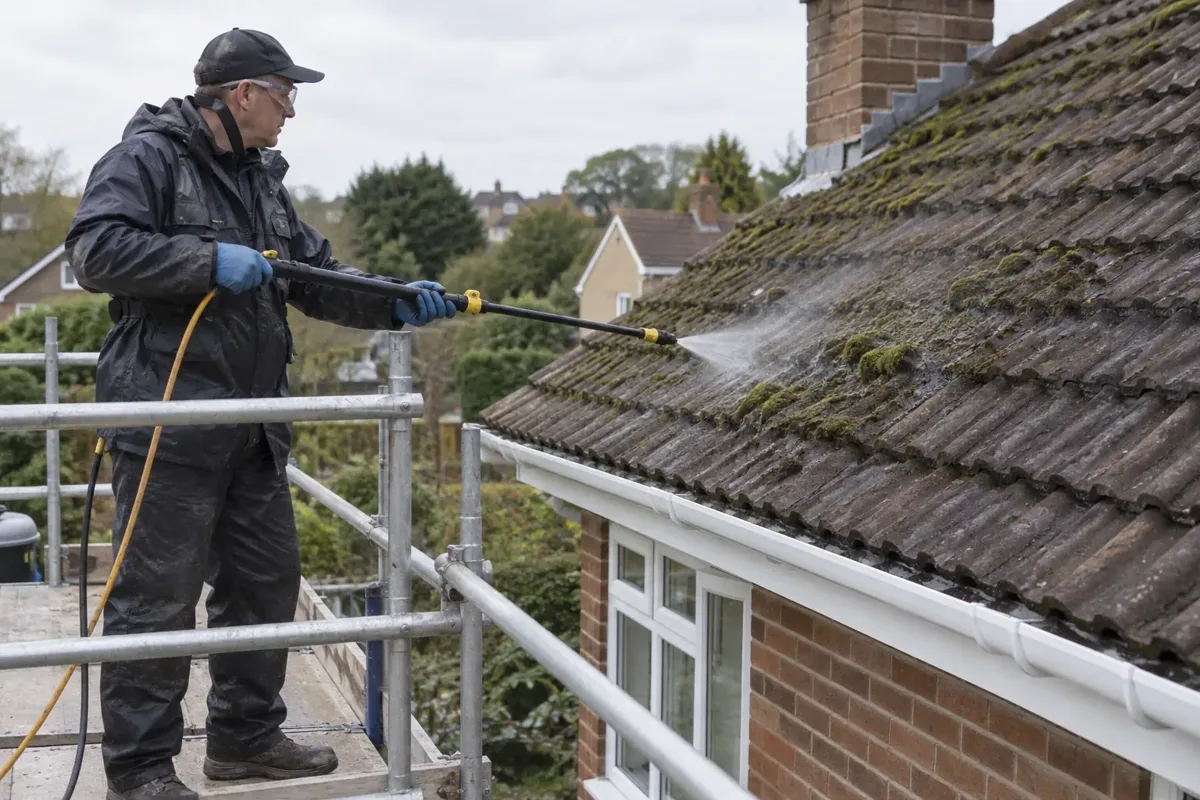 A professional on a safe fully guarded scaffold platform gently applying low-pressure roof-cleaning solution with a telescopic lance to mossy tiles on a low British house roof; fine mild spray rather than pressure jet, gloves, goggles, protective clothing, visible guardrails.