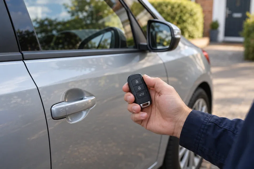 New replacement key fob held beside a silver car