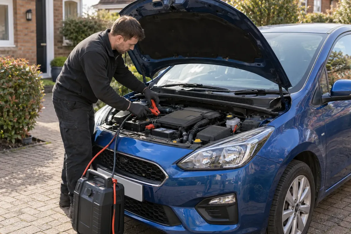 Portable booster connected to a car with a flat battery.