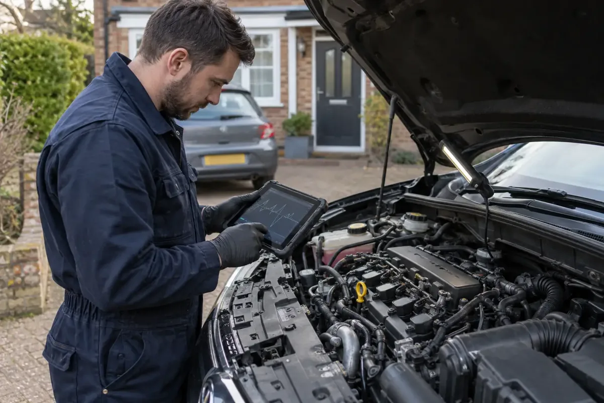 Mechanic diagnosing an engine misfire with a tablet