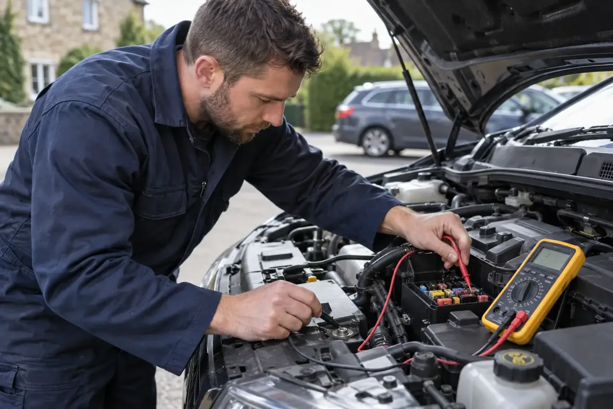 Mechanic testing a 12-volt car electrical circuit