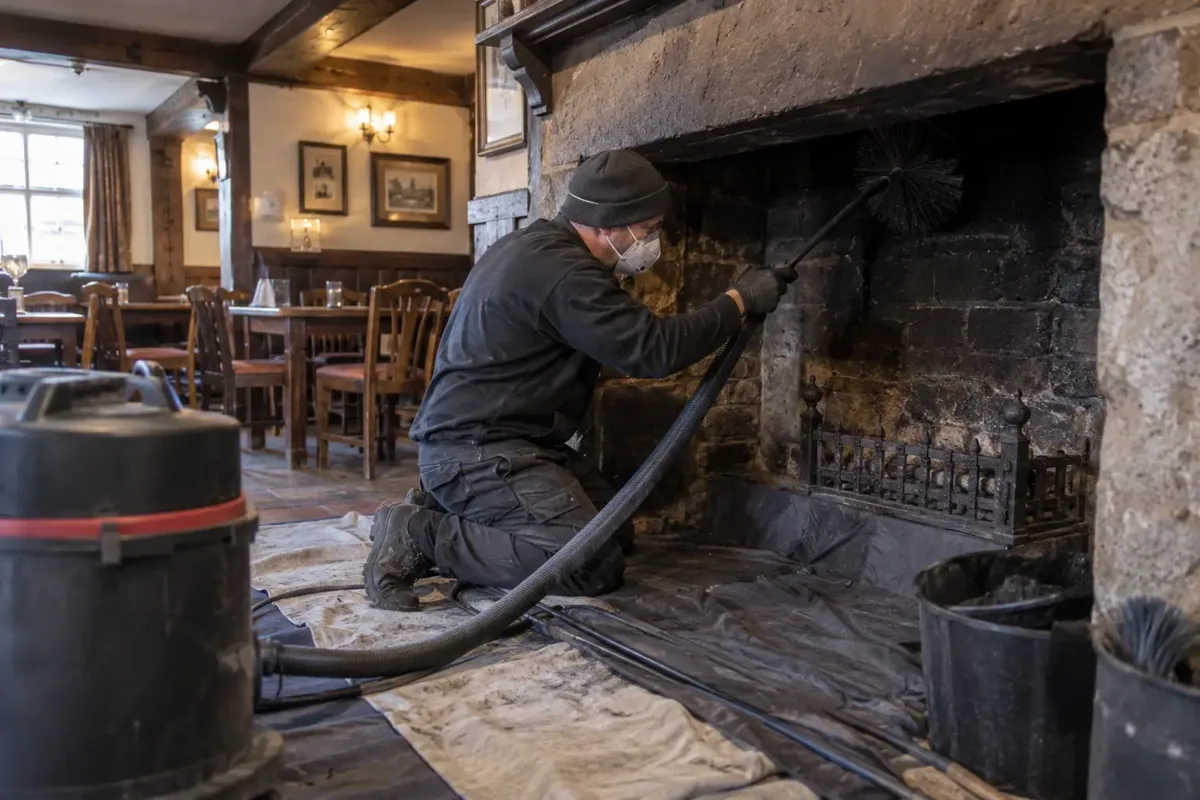Chimney sweep cleaning the broad stone inglenook fireplace in a closed traditional British pub dining room, using a soot vacuum and sweeping rods. Pub tables and chairs behind, cold hearth with protective sheets, gloves and dust mask.