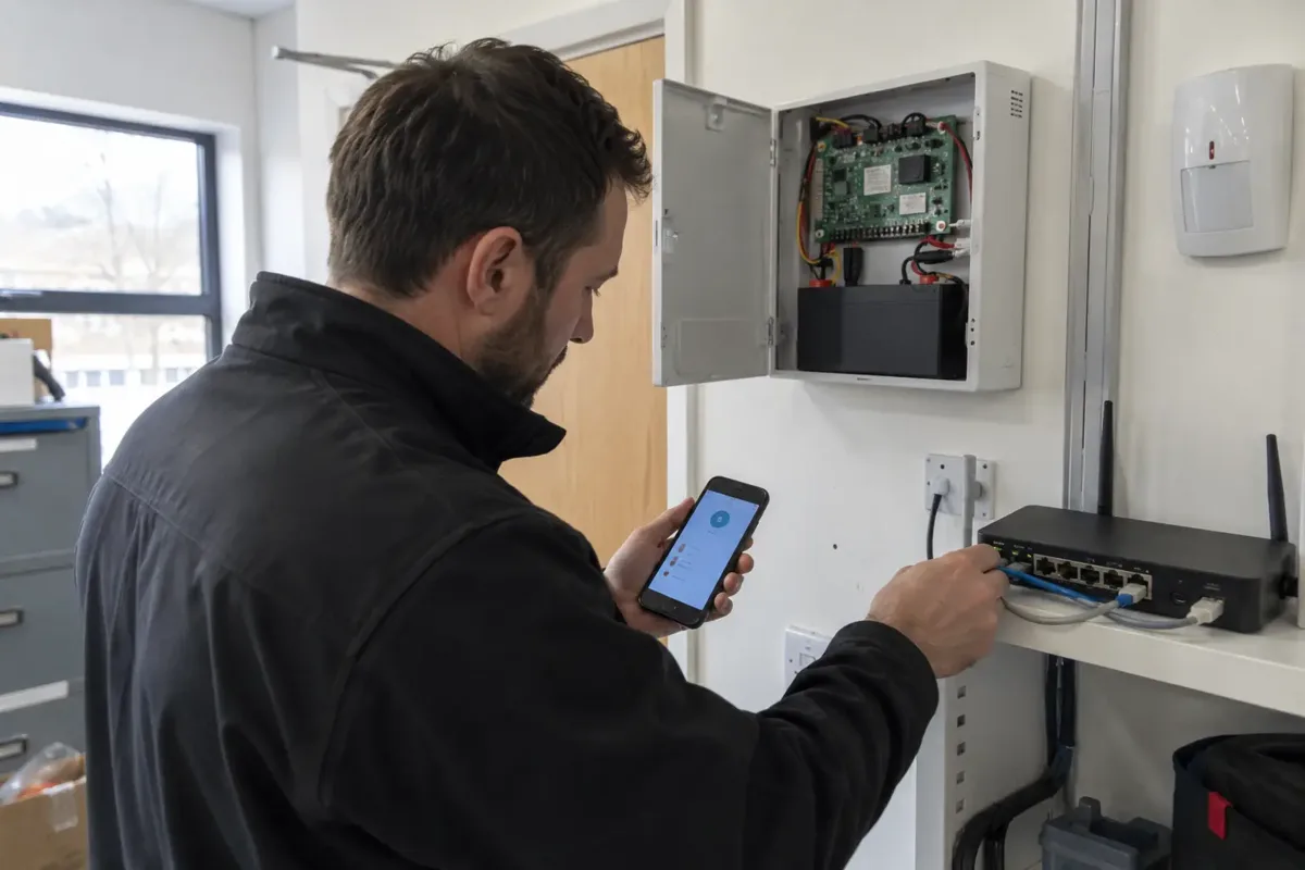 Security technician diagnosing communication faults beside an intruder alarm control enclosure and network router in an office service room, checking router cable while viewing a simple abstract status display on a smartphone. Alarm panel and networking hardware clearly visible, no readable interface text.