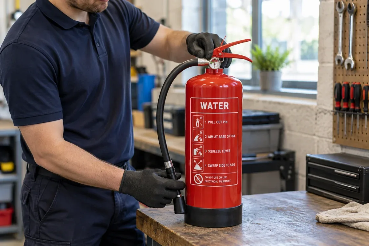 AI-generated illustration: Gloved hands inspecting the hose and pressure gauge on a red water extinguisher.