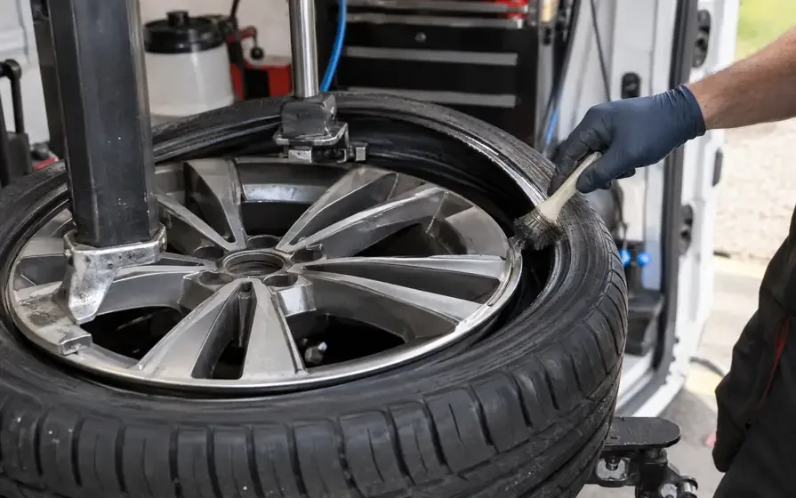 Gloved technician brushing the tyre bead beside an exposed alloy rim edge