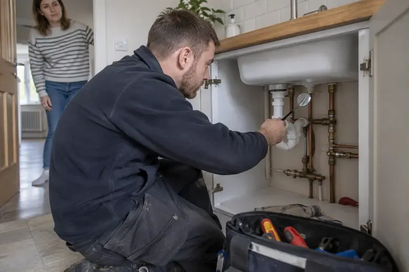 Visiting plumber inspecting water pipes beneath a sink.