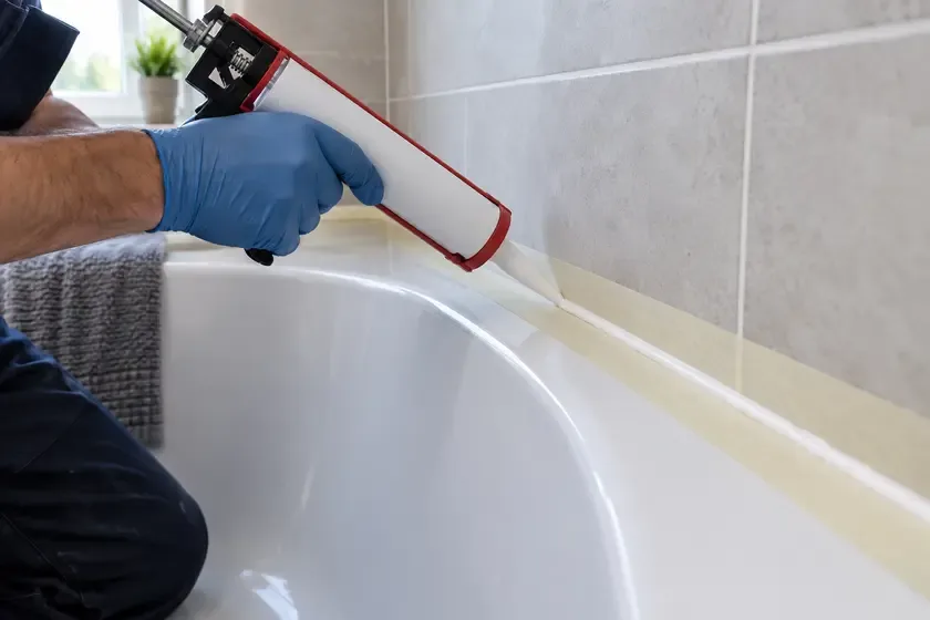 Plumber applying a fresh silicone seal along a bathtub edge.
