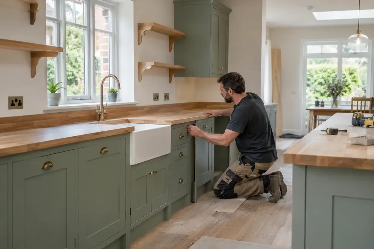 Carpenter fitting timber kitchen cabinets