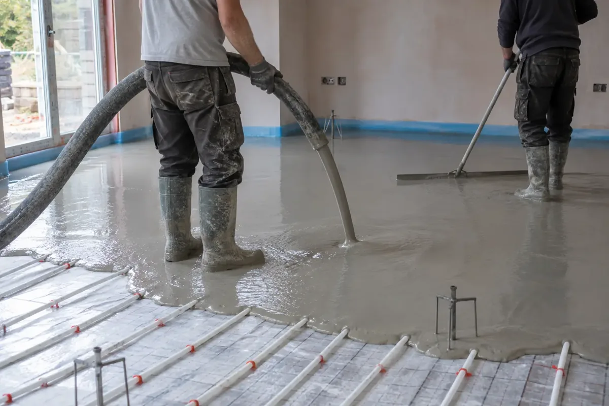 Flooring crew pumping flowing floor screed from a hose onto the prepared insulated floor of an empty UK house, with underfloor-heating pipes visible at the unpoured edge. Worker in boots guides hose and colleague uses a dappling bar, smooth thin screed distinct from coarse concrete.