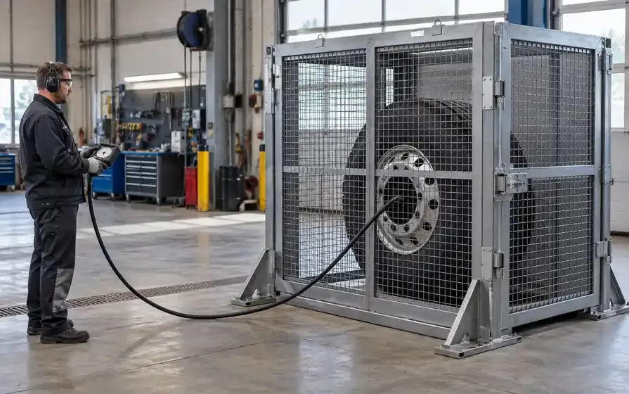 Technician operates an inflation gauge at a distance from a truck wheel enclosed in a closed safety cage.