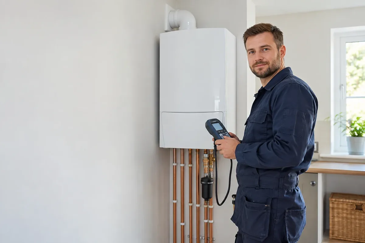 Heating engineer checking a new wall-hung boiler