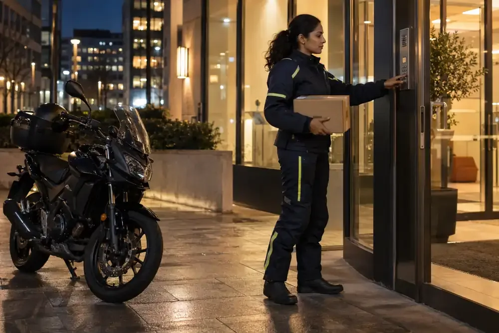 a motorcycle courier preparing or handing over a suitable consignment