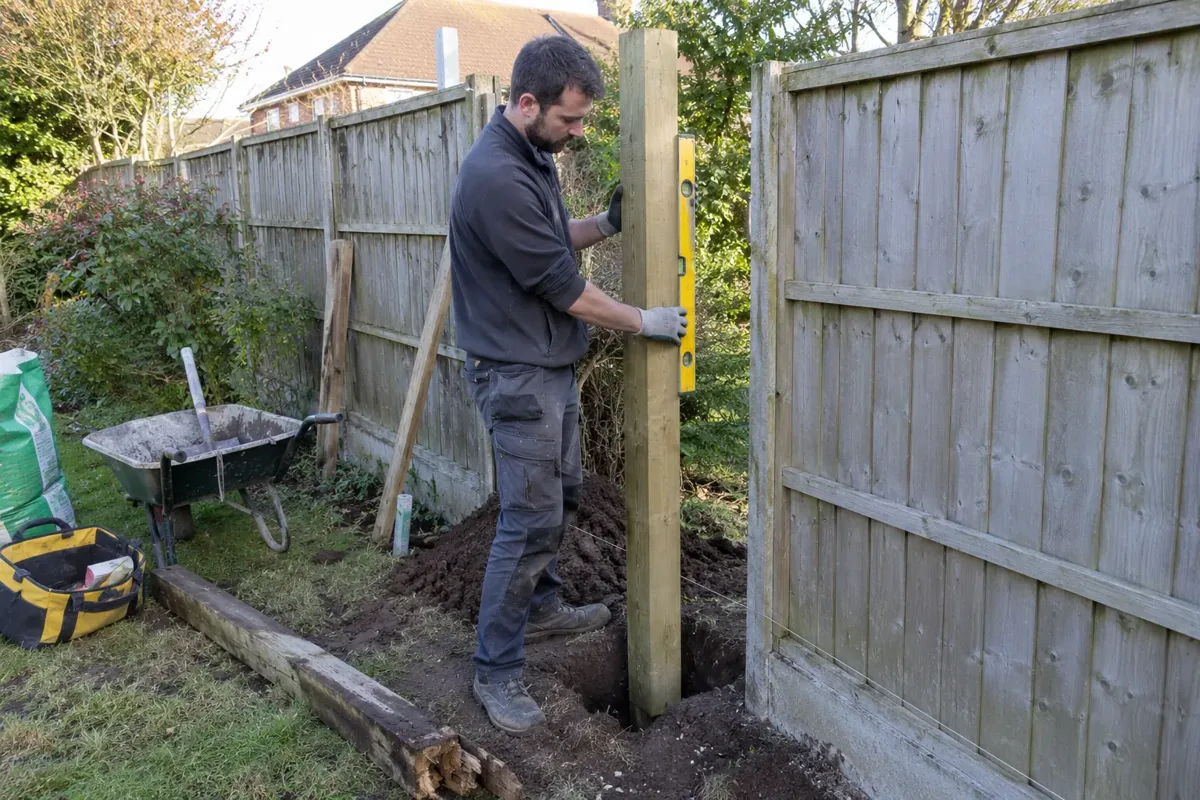 Fence installer replacing a failed wooden garden fence post, new treated timber post aligned with spirit level in a fresh post hole, adjacent existing fence panels supported, old broken post on ground, gloves.