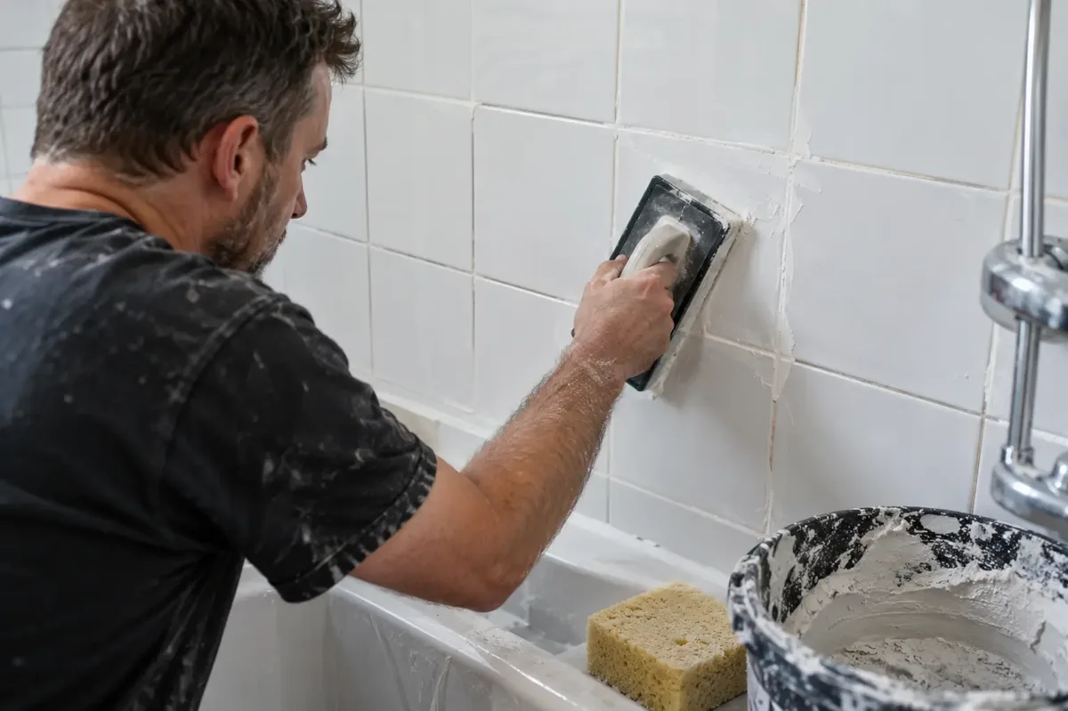 Tiler pressing fresh white grout into existing bathroom wall-tile joints with a rubber grout float, with bucket and sponge.