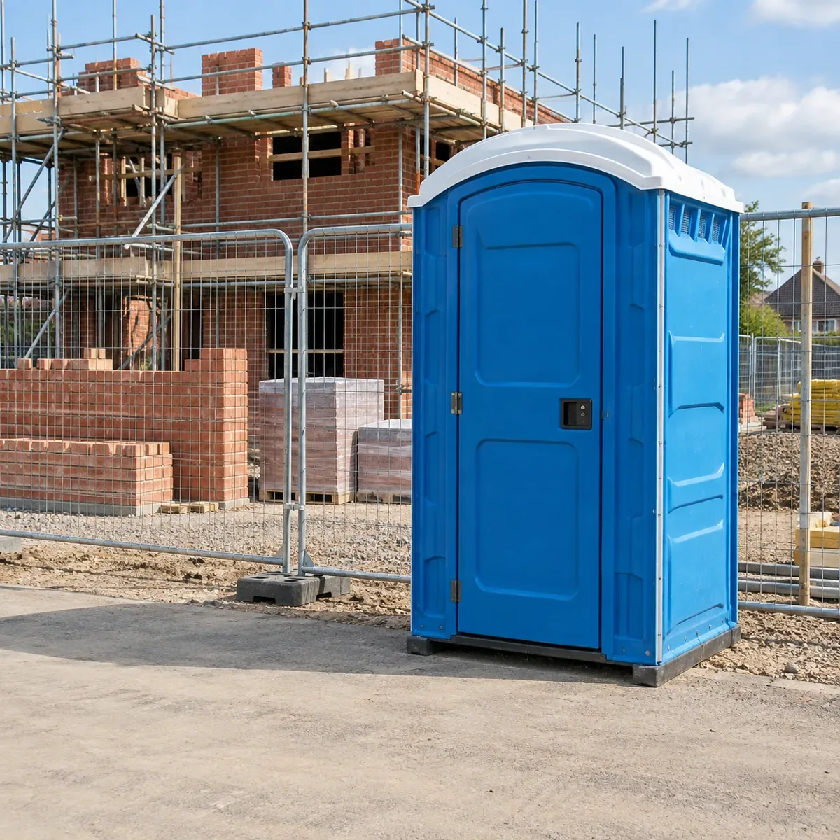 Illustration of a portable toilet beside a fenced building project