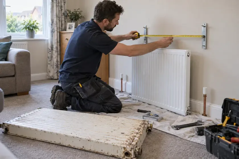 Plumber measuring wall brackets beside new and removed radiators.